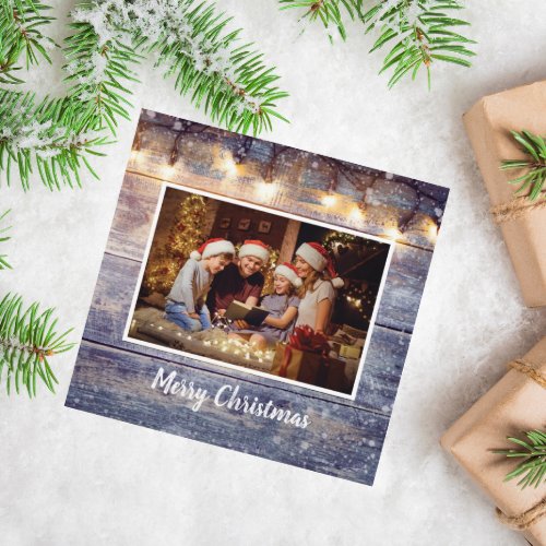 String Light Rustic Wood Photo  Holiday Card