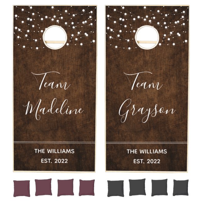 String Light Rustic Wood Wedding Cornhole Set (Set)
