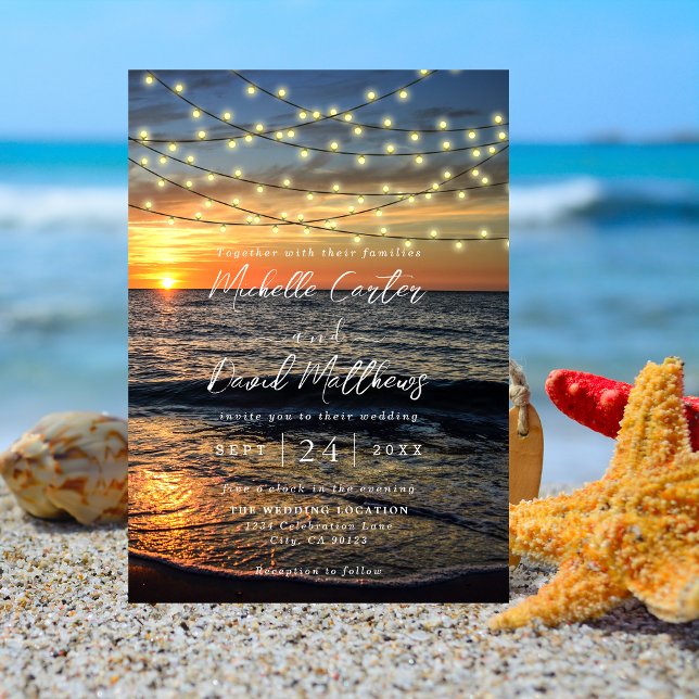 String Light Sunset Beach Wedding Invitation (Creator Uploaded)