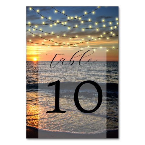 String Light Sunset Beach Wedding Table Number