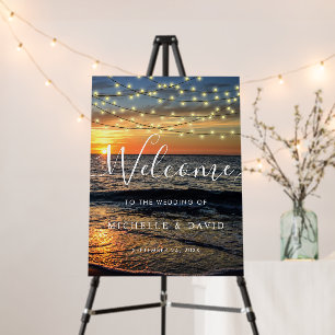 String Light Sunset Beach Wedding Welcome Foam Board