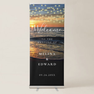 String Light Sunset Beach Wedding Welcome Retractable Banner