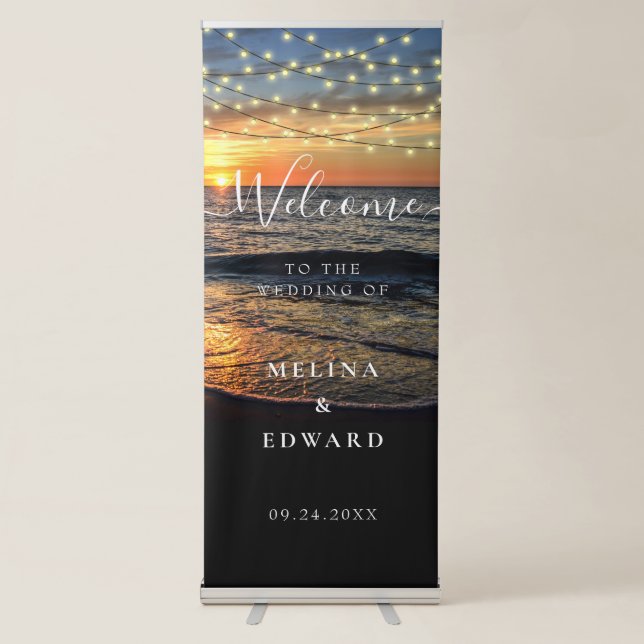 String Light Sunset Beach Wedding Welcome Retractable Banner (Front)