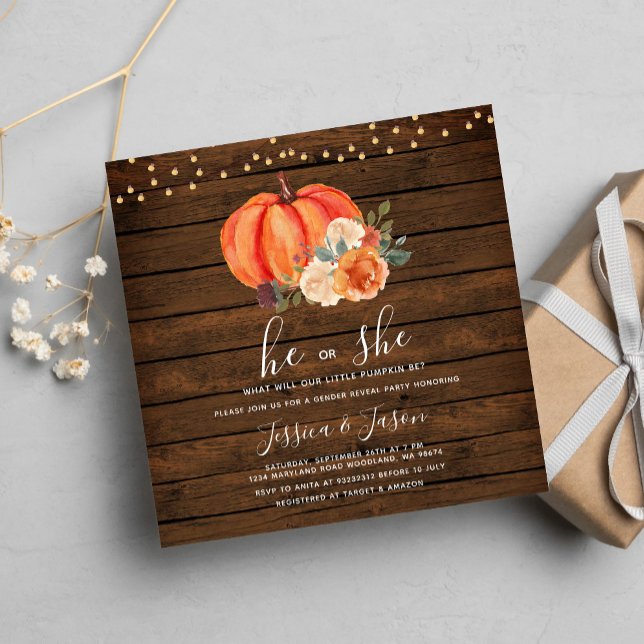 String Light Wood Pumpkin Gender Reveal Party  Invitation (Creator Uploaded)