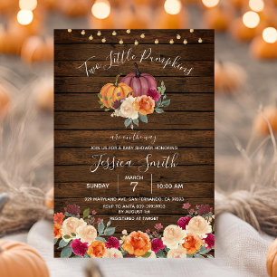 String Light Wood Two Little Pumpkin Baby Shower Invitation