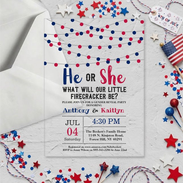 String Lights 4th Of July Gender Reveal Party Acrylic Invitations (Creator Uploaded)
