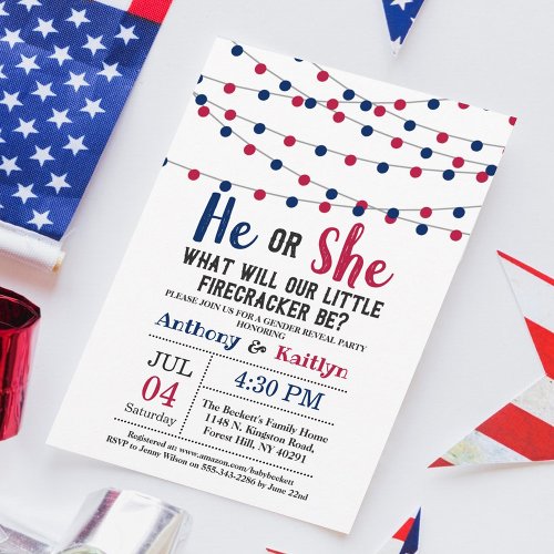 String Lights 4th Of July Gender Reveal Party Invitation