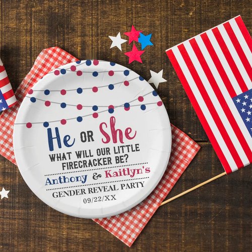 String Lights 4th Of July Gender Reveal Party Paper Plates