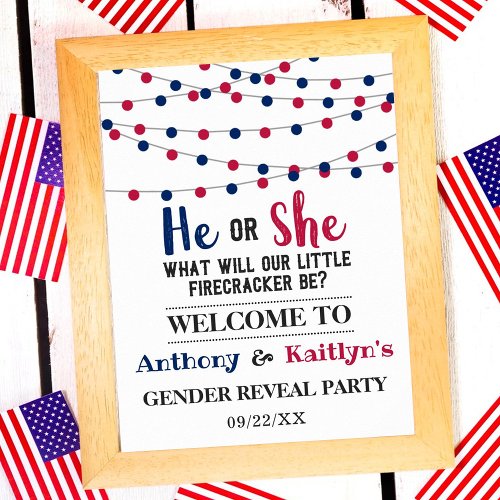String Lights 4th Of July Gender Reveal Party Poster