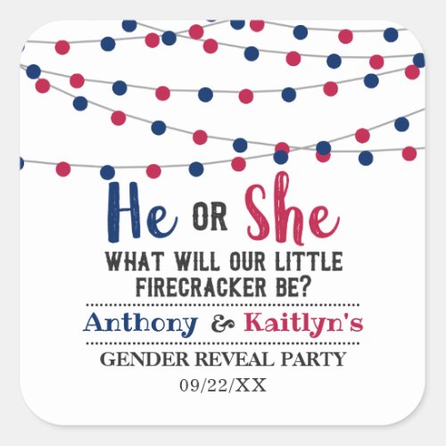 String Lights 4th Of July Gender Reveal Party Square Sticker