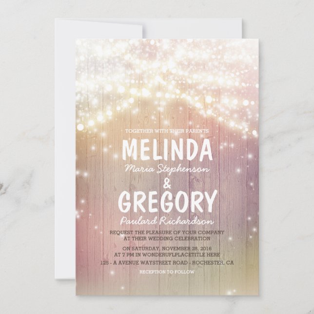 String Lights and Barn Wood Rustic Wedding Invitation (Front)