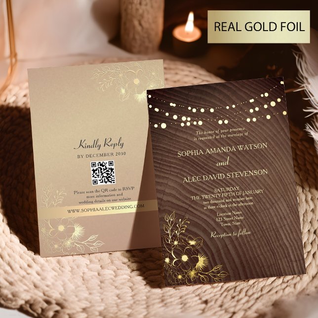 String Lights and Barn Wood Wedding Gold Foil Invitation (Creator Uploaded)