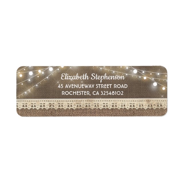 String Lights and Burlap Rustic Wedding Label (Front)