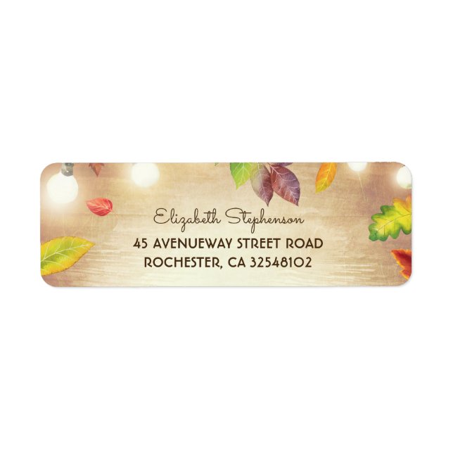 String Lights and Fall Leaves Rustic Wood Label (Front)