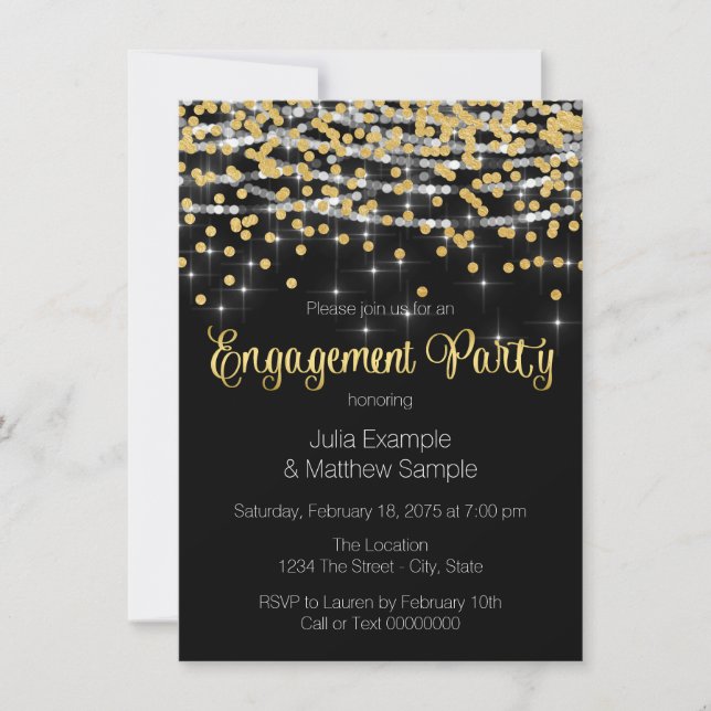 String Lights and Gold Confetti Engagement Party Invitation (Front)