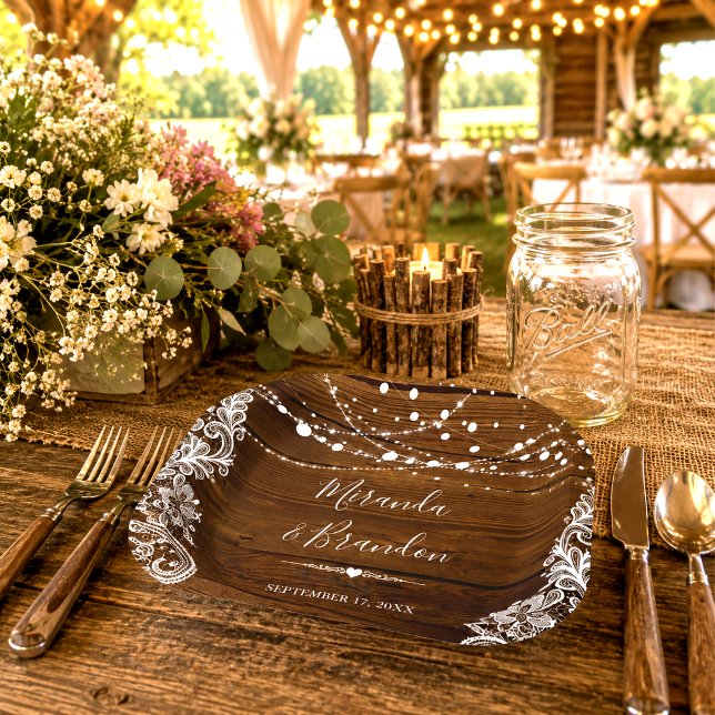 String Lights and Lace Rustic Wood Wedding Paper Plates (Creator Uploaded)