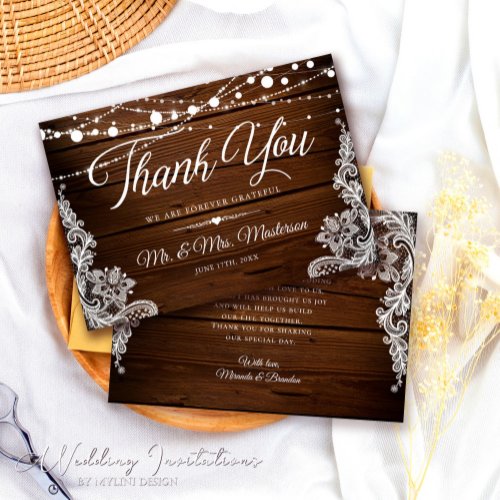 String Lights and Lace Rustic Wood Wedding Thank You Card