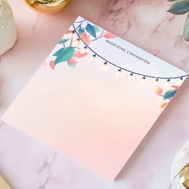 String Lights and Leaves Pastel Personalized Name Notepad (Creator Uploaded)