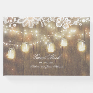 String Lights and Mason Jar Lace and Wood Wedding Guest Book