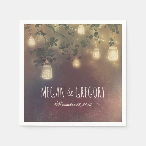 String Lights and Mason Jars Rustic Country Napkins - Mason jar lights and rustic old tree branches wedding paper napkins