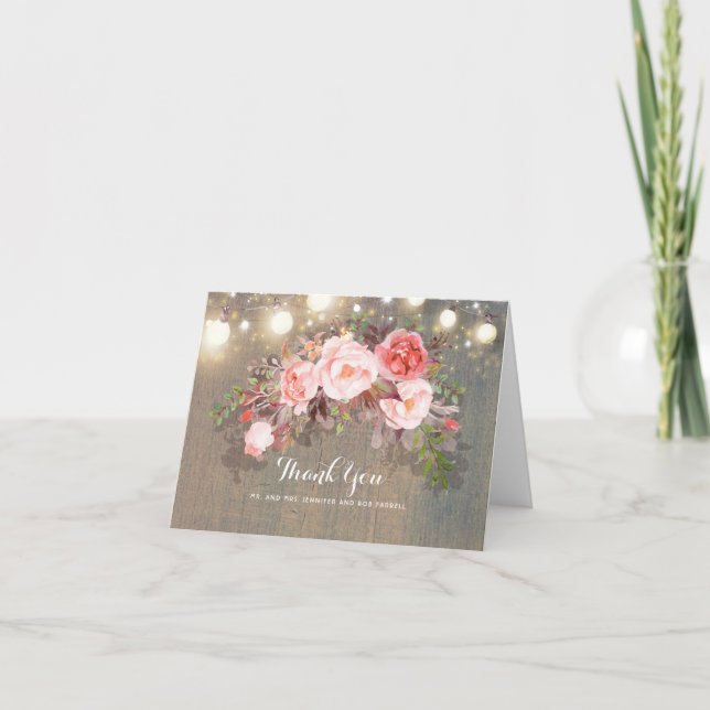 String Lights and Pink Flowers Rustic Thank You Card (Front)
