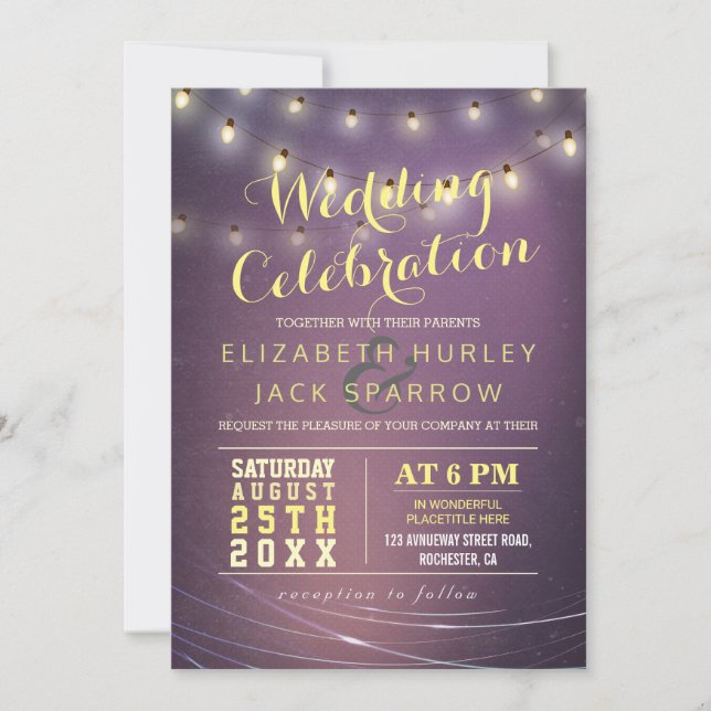 String Lights and Purple Grunge Background Wedding Invitation (Front)