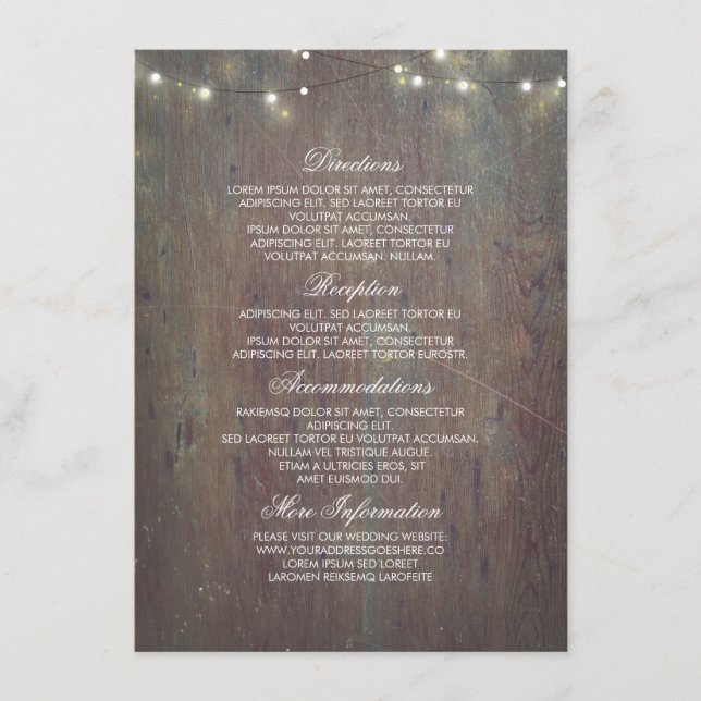 String Lights and Rustic Wood Wedding Information Enclosure Card (Front)