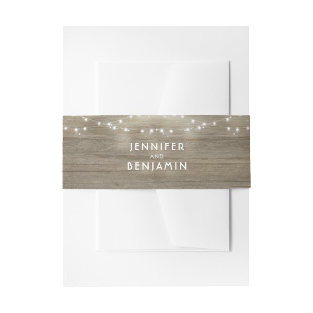 String Lights and Rustic Wood Wedding Invitation Belly Band (Front Example)