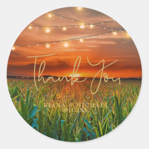 String Lights and Sunset Wedding Thank You ID525 Classic Round Sticker
