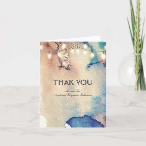 String Lights and Vintage Watercolors Thank You - Vintage watercolors and beach string lights elegant wedding thank you cards