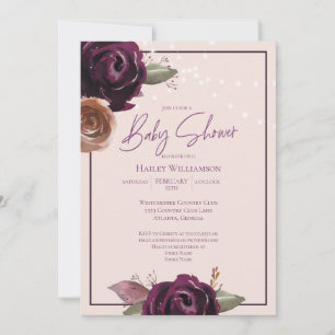 String Lights Baby Shower Pink Plum Purple Floral Invitation