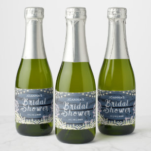 String Lights Baby's Breath & Lace Blue Wood Sparkling Wine Label