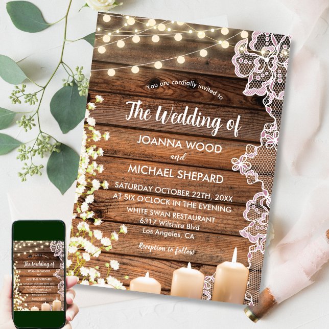 String Lights  Baby's Breath & Lace Wood Wedding Invitation (Creator Uploaded)