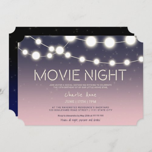 String lights backyard movie night 13th birthday invitation