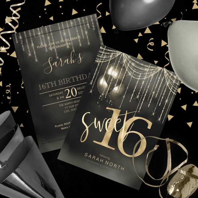 String Lights & Balloons Sweet 16 Black/Gold ID473 Invitation (Front/Back In Situ)