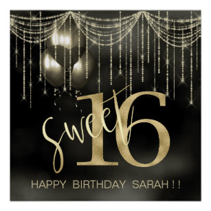 String Lights & Balloons Sweet 16 Black/Gold ID473 Poster