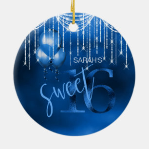String Lights & Balloons Sweet 16 Dk Blue ID473 Ceramic Ornament
