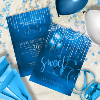 String Lights & Balloons Sweet 16 Dk Blue Id473 Invitation by arrayforcards at Zazzle