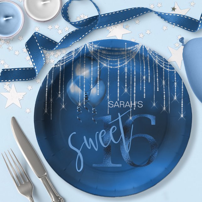 String Lights & Balloons Sweet 16 Dk Blue ID473 Paper Plates (Creator Uploaded)