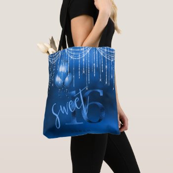 String Lights & Balloons Sweet 16 Dk Blue Id473 Tote Bag by arrayforaccessories at Zazzle
