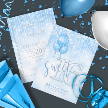 String Lights & Balloons Sweet 16 Lt. Blue Id473 Invitation by arrayforcards at Zazzle