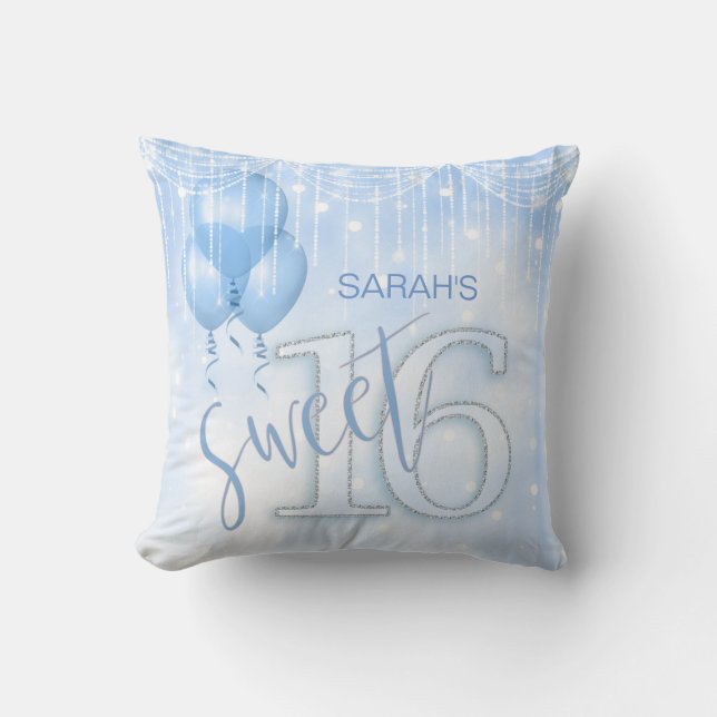 String Lights & Balloons Sweet 16 Lt. Blue ID473 Throw Pillow (Front)