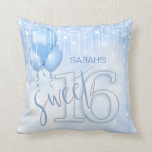 String Lights & Balloons Sweet 16 Lt. Blue ID473 Throw Pillow
