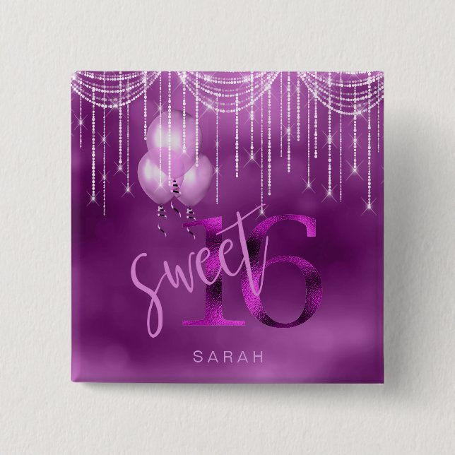 String Lights & Balloons Sweet 16 Orchid ID473 Pinback Button (Front)