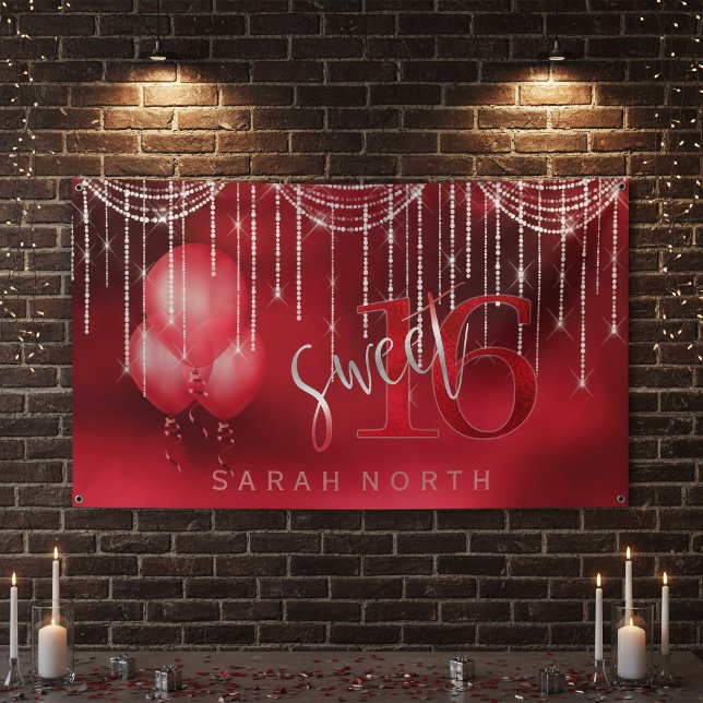 String Lights & Balloons Sweet 16 Red ID473 Banner (Creator Uploaded)
