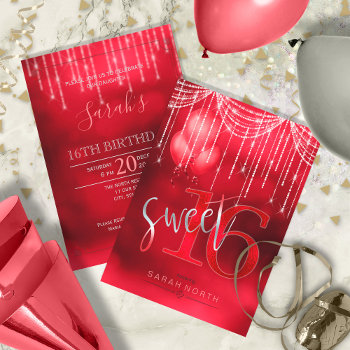 String Lights & Balloons Sweet 16 Red Id473 Invitation by arrayforcards at Zazzle