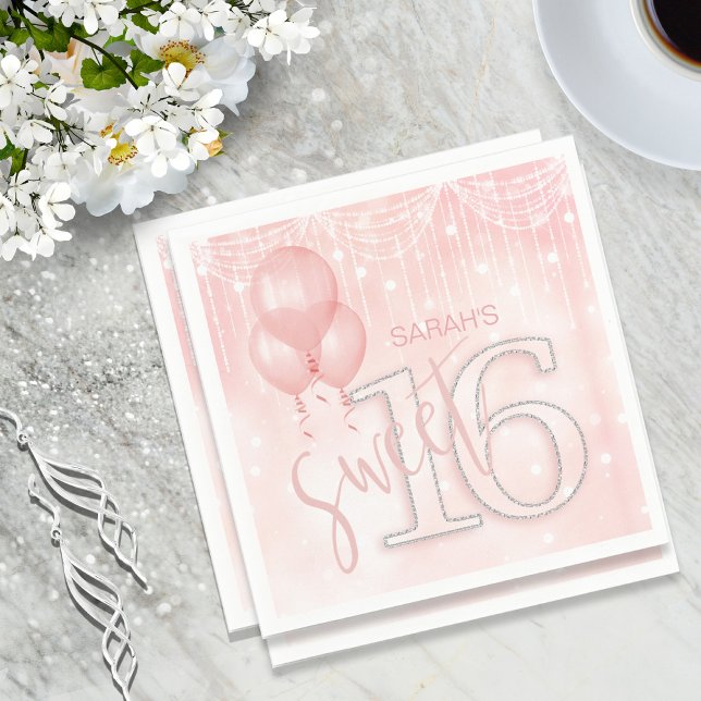 String Lights & Balloons Sweet 16 Rose Gold ID473 Napkins (Creator Uploaded)