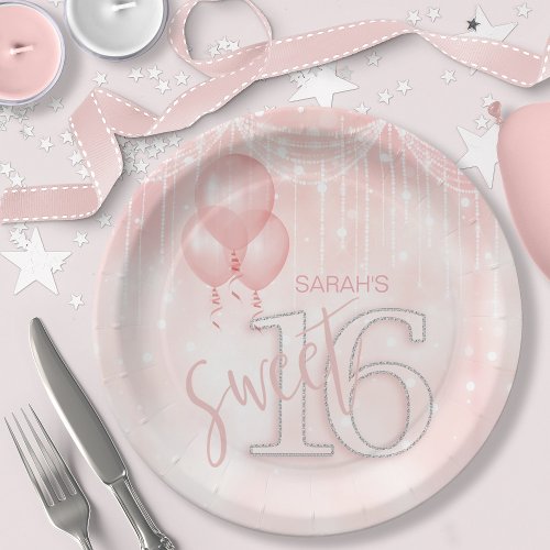 String Lights  Balloons Sweet 16 Rose Gold ID473 Paper Plates