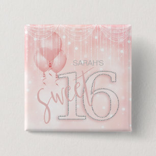 String Lights & Balloons Sweet 16 Rose Gold ID473 Pinback Button