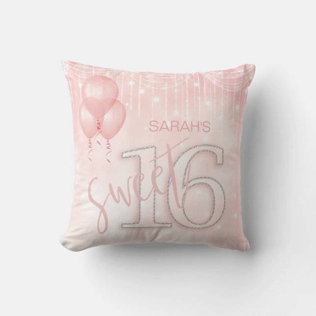 String Lights & Balloons Sweet 16 Rose Gold ID473 Throw Pillow (Front)